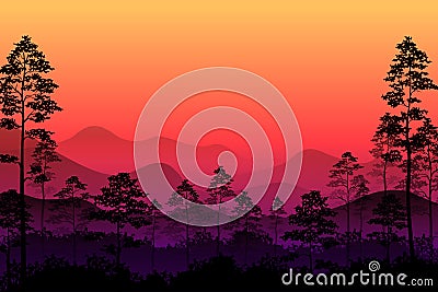 Sunset in the forest view with tree, hill, mountain and red sky Cartoon Illustration