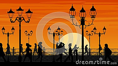 Vector illustration of sunset seafront street with people. Vector Illustration