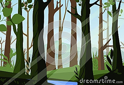 Vector illustration of sunset in the woods, beautiful forest, light through the trees in the forest, morning time Vector Illustration