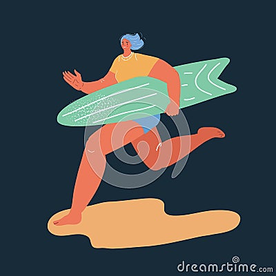 Vector illustration of surfer woman girl with surf boad running over dark backround. Vector Illustration