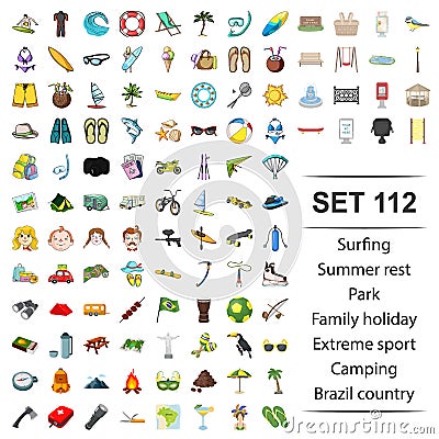 Vector illustration of surfing,summer,rest,park,family holiday extreme,sport camping Brazil country icon set. Vector Illustration