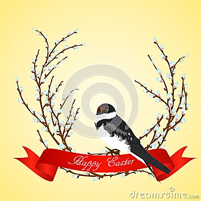 Vector illustration of swallow on willow tree. Cartoon Illustration