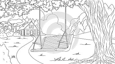 Vector illustration, Swing on a tree in the forest, house in the forest Vector Illustration