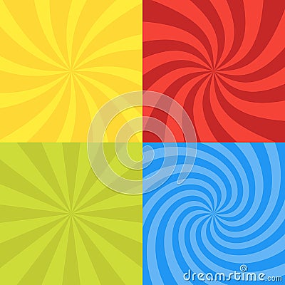 Vector illustration for swirl design. Swirling radial pattern background set. Vortex starburst spiral twirl square. Helix rotation Cartoon Illustration