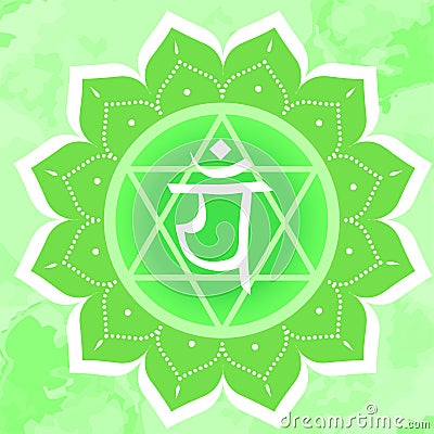 Vector illustration with symbol chakra Anahata on abstract background. Circle mandala pattern and hand Cartoon Illustration