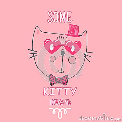 Vector illustration for T shirt design graphic for girls. Composition with cute cat and font. Can be used for design of cards Vector Illustration