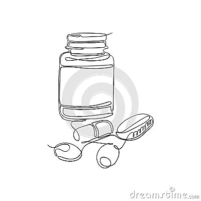 Vector illustration of tablets, vitamins and pills in a plastic jar drawn by one endless line. Vector Illustration