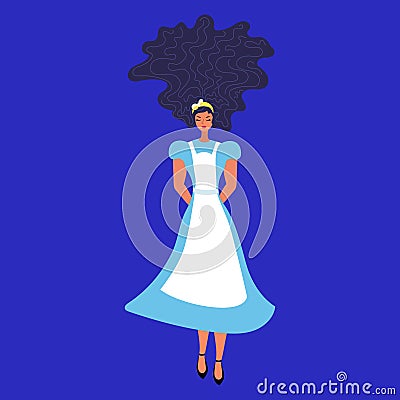 Vector illustration of the tale of Lewis Carol Alice in Wonderland. Beautiful young woman in a long dress with an apron, in shoes, Vector Illustration