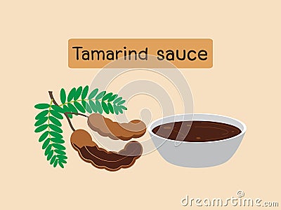 Vector illustration of tamarind fruit with tamarind sauce Cartoon Illustration