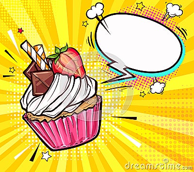 Tasty cupcake with cream and decorations on top Vector Illustration