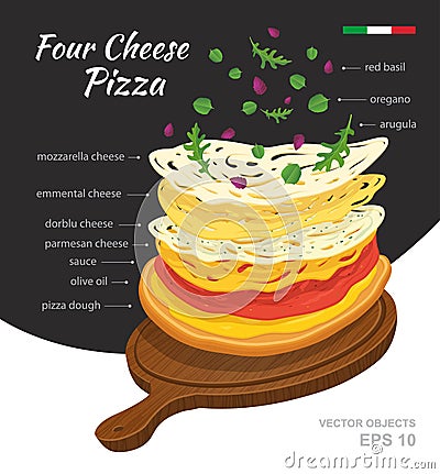 Vector illustration of tasty hot Pizza with Four Cheeses on wooden board. Vector Illustration