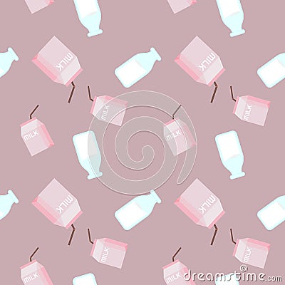tasty pink milk box bottle repeat seamless pattern doodle cartoon style Vector Illustration