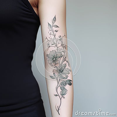 Delicate Floral Tattoo: Meticulous Ink Painting In Green And Gray Cartoon Illustration