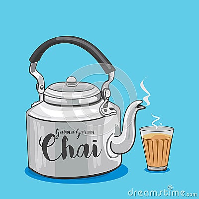 Vector illustration of tea kettle and glass indian street beverage masala tea Cartoon Illustration