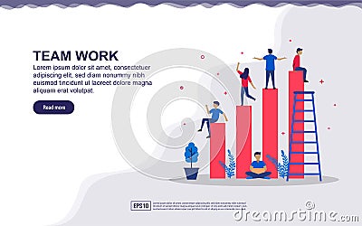 Vector illustration of team work & business growth concept with chart and tiny people. Illustration for landing page, social media Vector Illustration