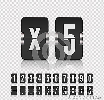 Vector illustration template. Flip number and symbol scoreboard on transparent background. Analog countdown number font Vector Illustration