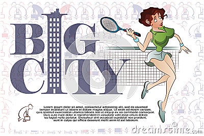 Vector Illustration. Template flyers. Beutiful girl playing tennis Vector Illustration