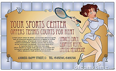 Vector Illustration. Template flyers. Beutiful girl playing tennis Vector Illustration