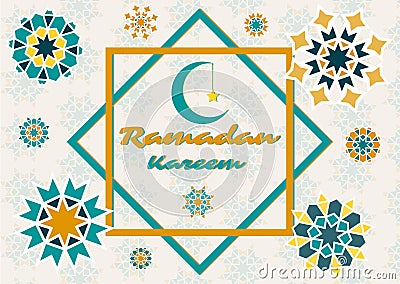 Vector illustration of text, inscription Ramadan Kareem banner, postcard with Islamic geometric patterns, moon, frame. Vector Illustration