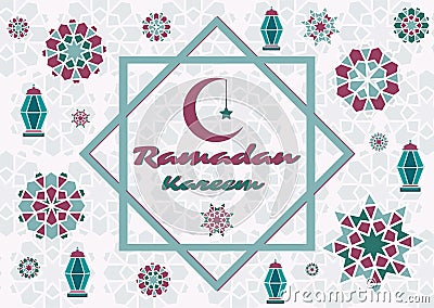 Vector illustration of text, inscription Ramadan Kareem banner, postcard with Islamic geometric patterns, moon, star Vector Illustration