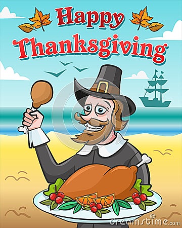 Vector illustration for thanksgiving day. Happy pilgrim with baked turkey against the ocean. Vector Illustration