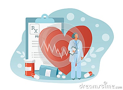 Vector illustration on the theme of cardiology, heart health. doctor, big heart, cardiogram, prescription, tablets and pills Vector Illustration