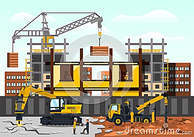 Vector illustration on the theme of a construction site. Construction of the building on background of the city Vector Illustration
