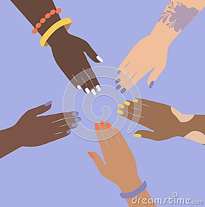 Vector illustration on the theme of female solidarity, feminism, body positive. the hands of women of different races Vector Illustration