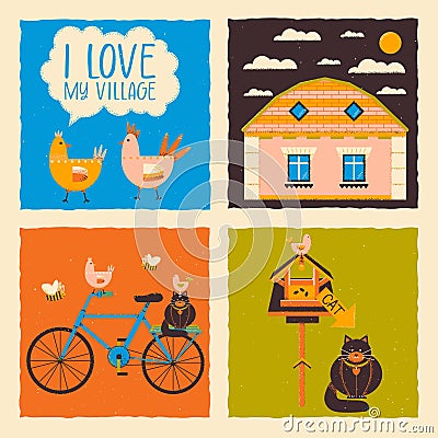 Vector illustration on the theme of the village with animals, cat, chicken, bees on bicycle, bird feeder, house, text I love the Vector Illustration