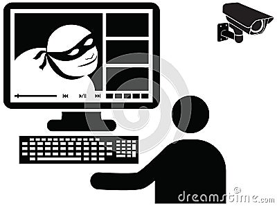 Vector illustration of thief caught on camera surveillance and w Vector Illustration