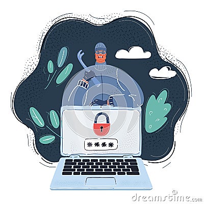 Vector illustration of Thief. Hacker stealing sensitive data as passwords. Hacking internet social network on dark Cartoon Illustration