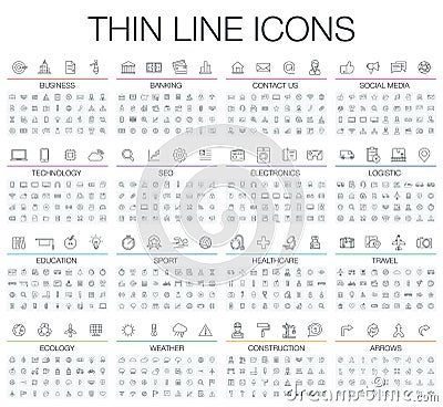 Vector illustration of thin line black and white icons set Vector Illustration