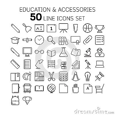 Vector illustration of thin line icons for education and accessories. Vector Illustration