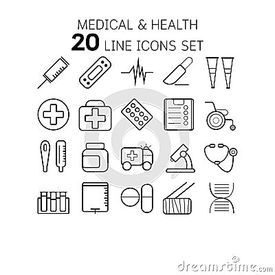 Vector illustration of thin line icons for medical and . Vector Illustration