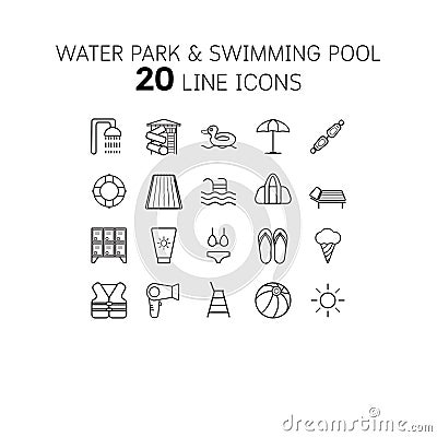 Vector illustration of thin line icons for water park,swimming,pool, Vector Illustration