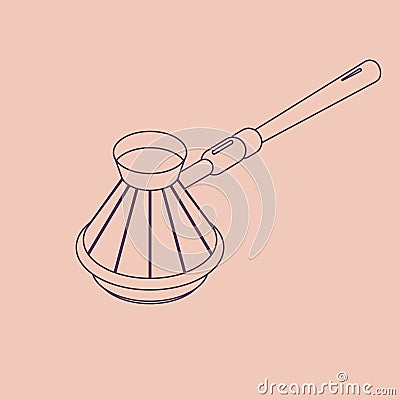 Vector illustration thin line sketch with 3D coffee cezve. Coffee maker in isometric flat style Vector Illustration