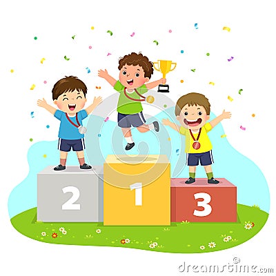 Three boys with medals standing on sport winners pedestal and holding a trophy Vector Illustration