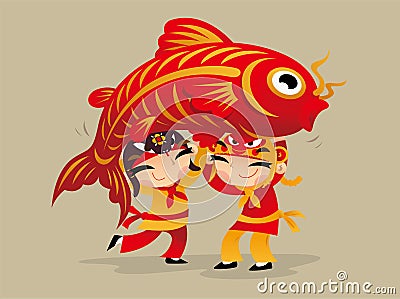 Three Chinese kids playing dragon dance to celebrate the Chinese New Year coming Vector Illustration