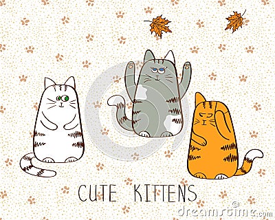 Vector illustration of three cute doodle kittens. Vector Illustration