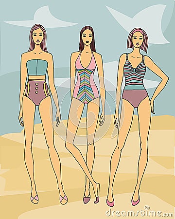 Three fashion models on the beach in striped sweemsuits Cartoon Illustration