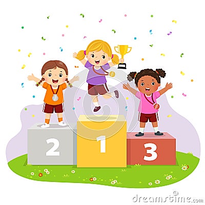 Three girls with medals standing on sport winners pedestal and holding a trophy Vector Illustration