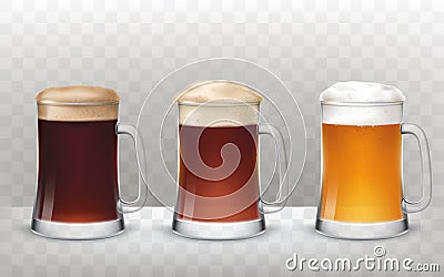 Vector illustration three glass beer mugs with a different beer on a transparent background Vector Illustration