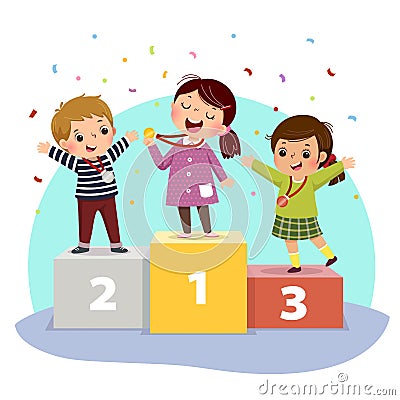 Three kids with medals standing on winners pedestal Vector Illustration
