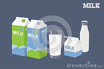 Vector Illustration of Three Milk containers, a Glass of Milk and a Bottle of Milk Isolated Vector Illustration