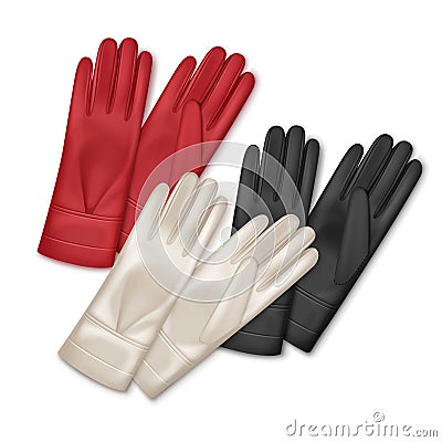 Vector illustration of three pair women leather gloves different colors isolated on background Vector Illustration