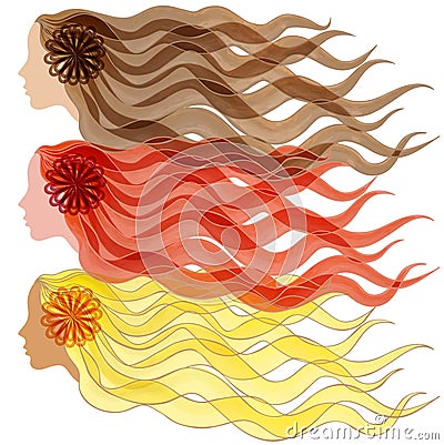 Vector illustration Three silhouette of women's hair and face Brunette and Blonde Redhead Vector Illustration