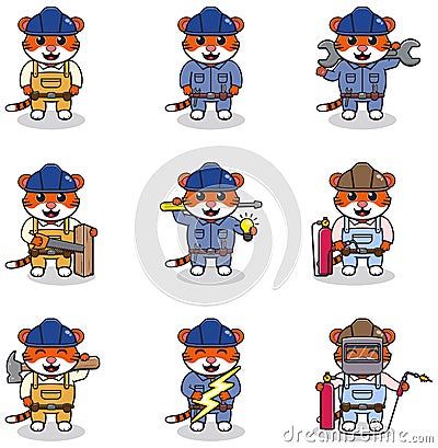 Cute Tiger engineers workers, builders characters isolated cartoon illustration. Vector Illustration