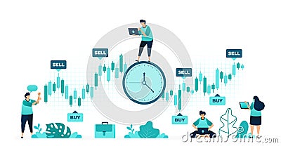 Vector illustration of timing of investment. the right time to buy and sell stocks to make a big profit. women and men workers. Vector Illustration