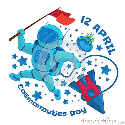 Vector illustration to 12 April Cosmonautics Day. An astronaut or cosmonaut with a red flag in outer space and flying Vector Illustration