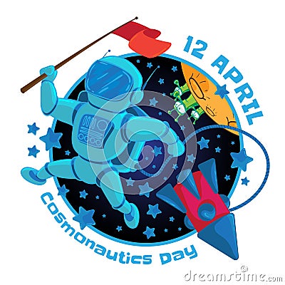 Vector illustration to 12 April Cosmonautics Day. An astronaut or cosmonaut with a red flag in outer space and flying Vector Illustration